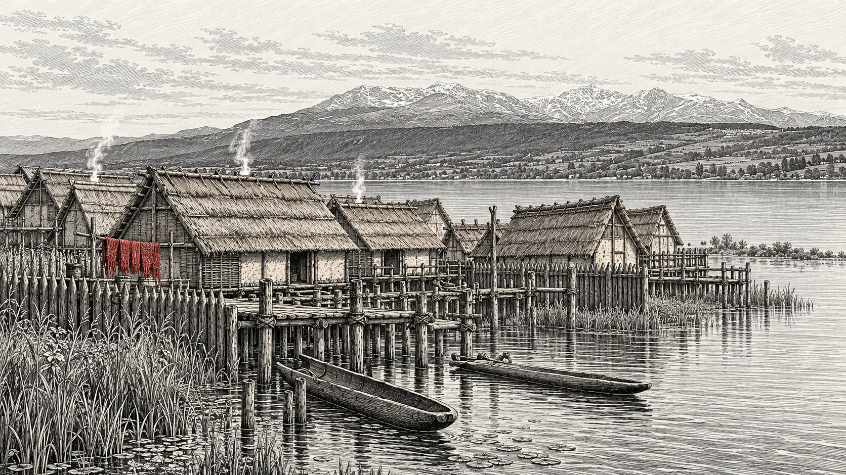 Tavola a china: il villaggio di case su pali del Lago di Viverone, con passerelle, palizzata, piroghe e panni rossi stesi, la Serra e le Alpi sullo sfondo